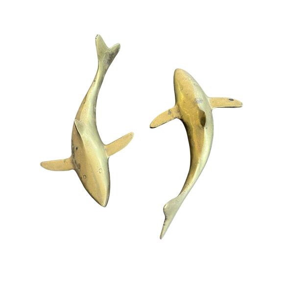 Vtg Mid Century Solid Brass Set 2 Sharks Paperweight Nautical Coastal Approx 8” - Picture 1 of 14